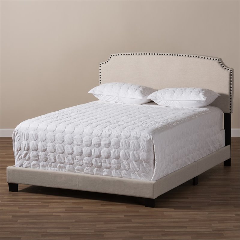 Baxton Studio Odette Nailhead Upholstered Full Bed in Light Beige