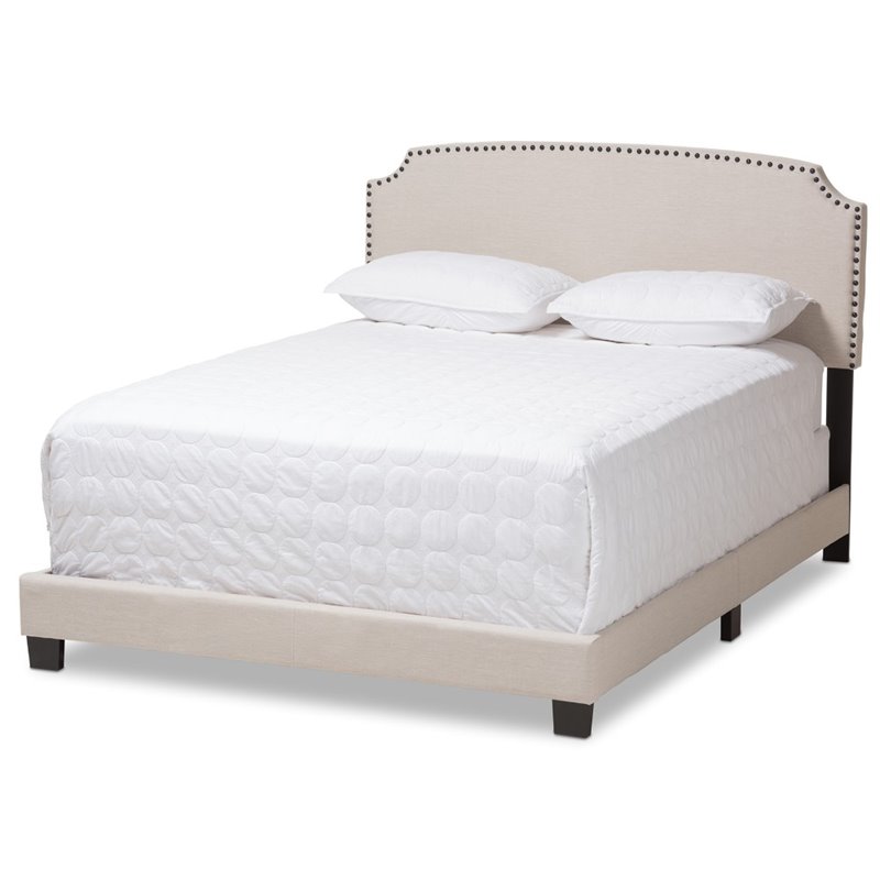 Baxton Studio Odette Nailhead Upholstered Full Bed in Light Beige