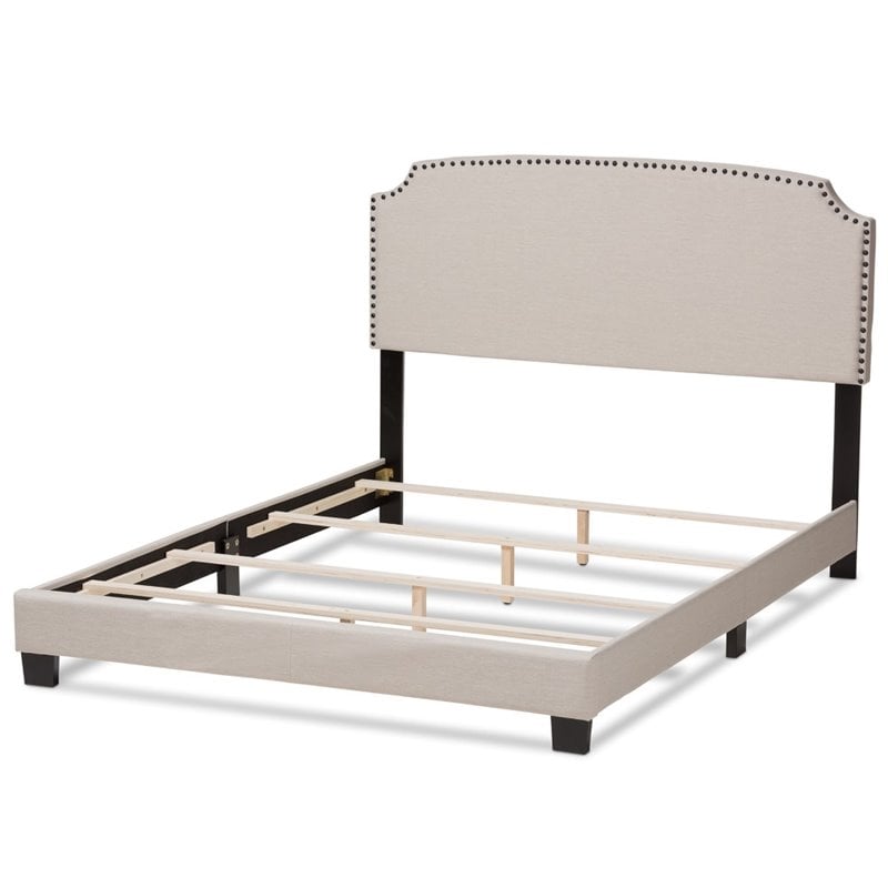 Baxton Studio Odette Nailhead Upholstered Queen Bed in Light Beige