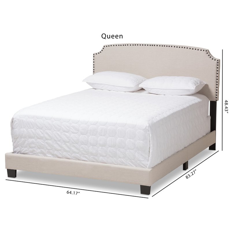 Baxton Studio Odette Nailhead Upholstered Queen Bed in Light Beige