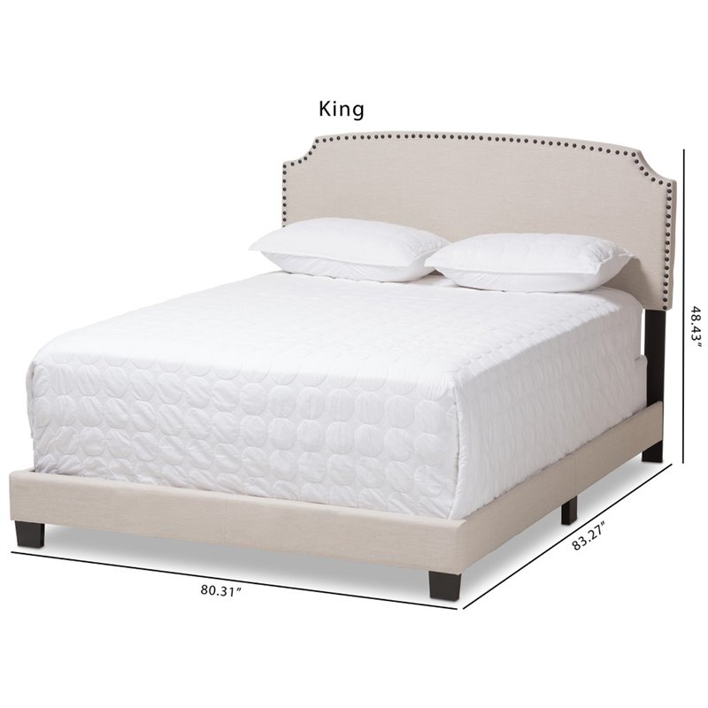 Baxton Studio Odette Nailhead Upholstered King Bed in Light Beige