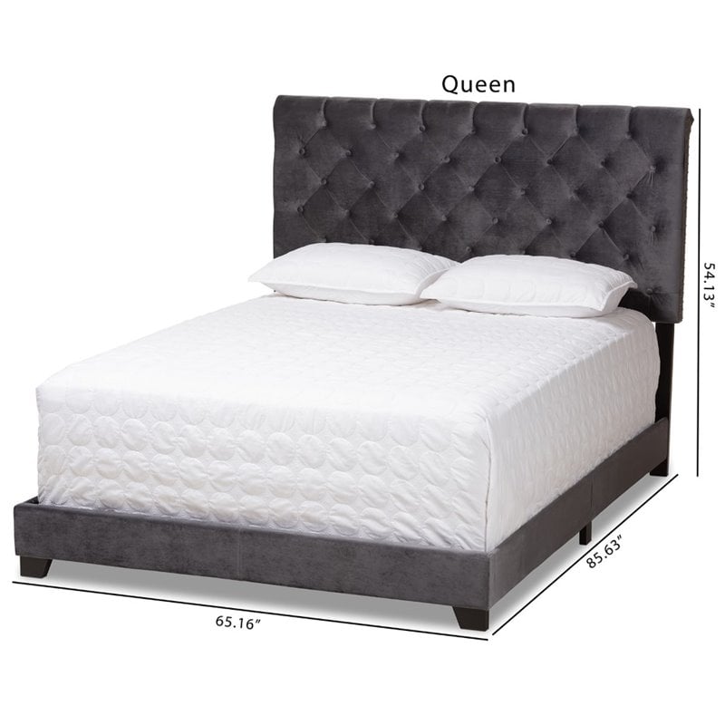 Baxton Studio Candace Velvet Tufted Queen Bed in Dark Grey