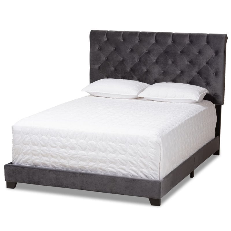 Baxton Studio Candace Velvet Tufted Queen Bed in Dark Grey
