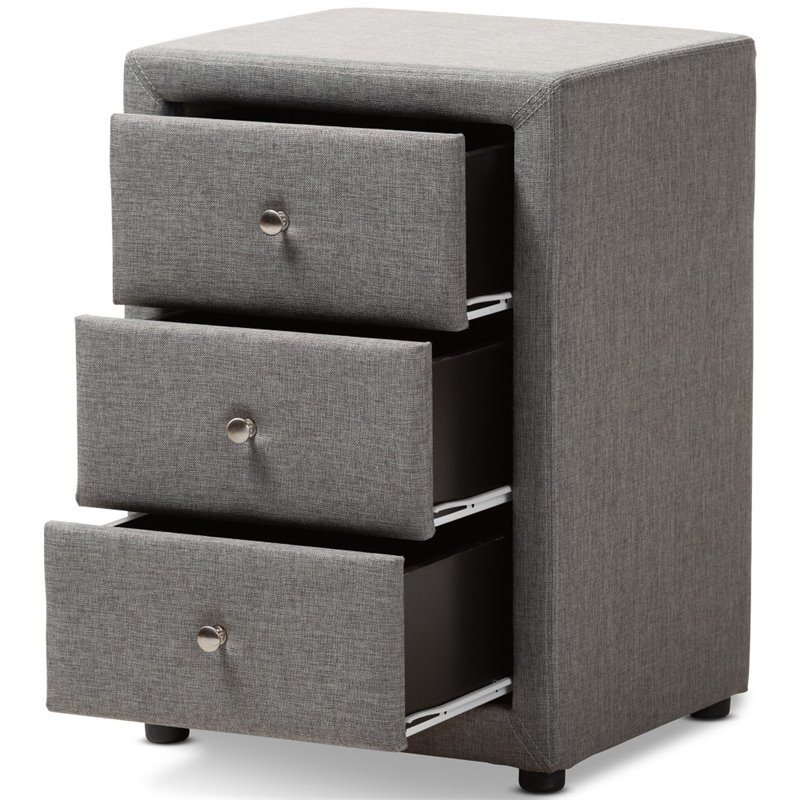 Baxton Studio Tessa 3 Drawer Fabric Upholstered Nightstand in Grey