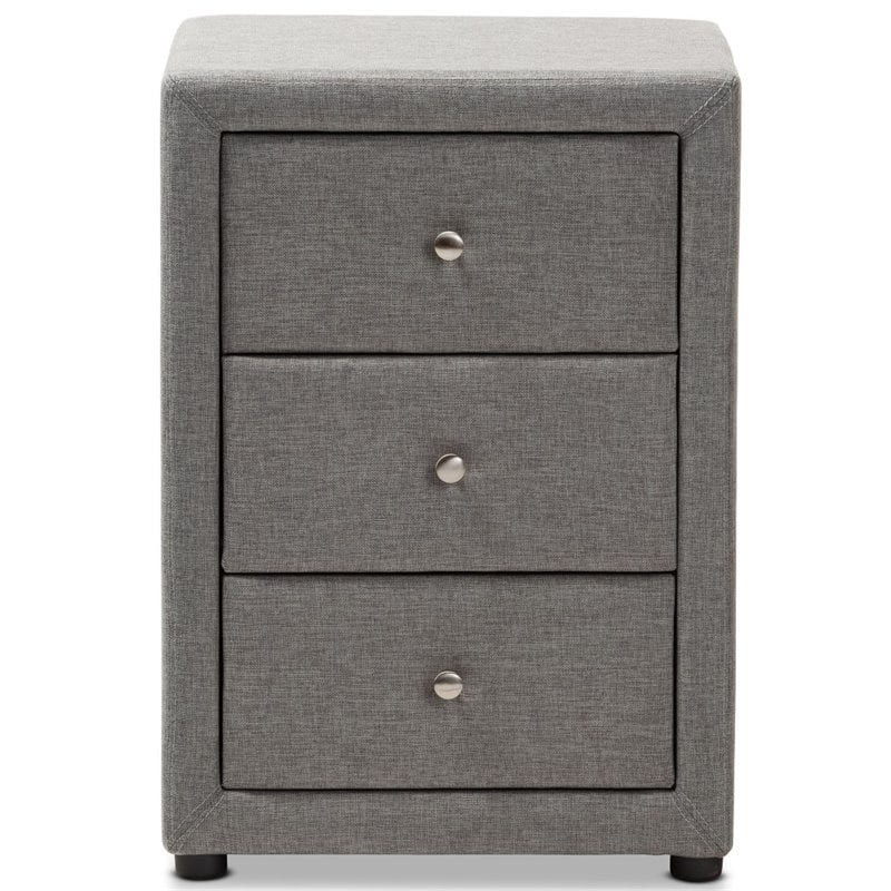 Baxton Studio Tessa 3 Drawer Fabric Upholstered Nightstand in Grey