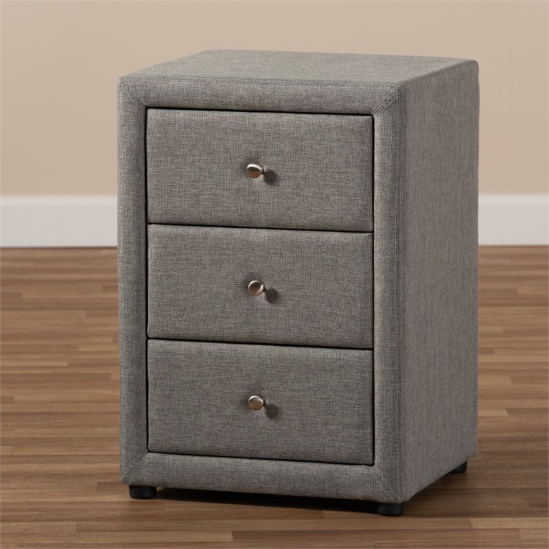 Baxton Studio Tessa 3 Drawer Fabric Upholstered Nightstand in Grey