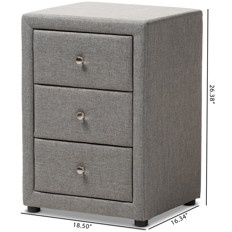 Baxton Studio Tessa 3 Drawer Fabric Upholstered Nightstand in Grey
