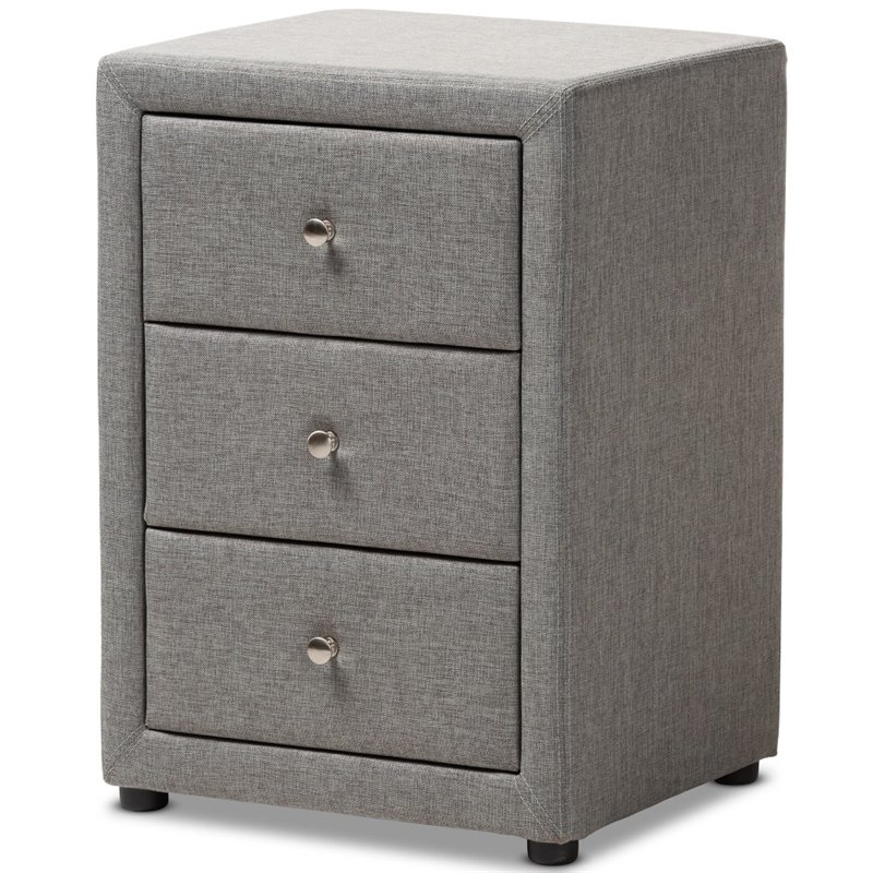 Baxton Studio Tessa 3 Drawer Fabric Upholstered Nightstand in Grey
