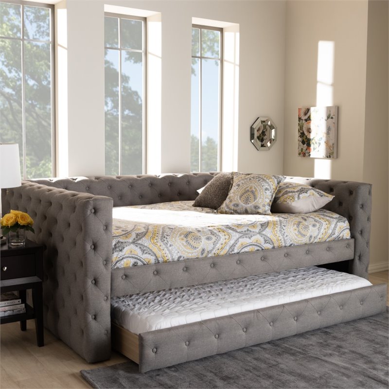 Baxton Studio Anabella Tufted Queen Daybed with Trundle in Grey