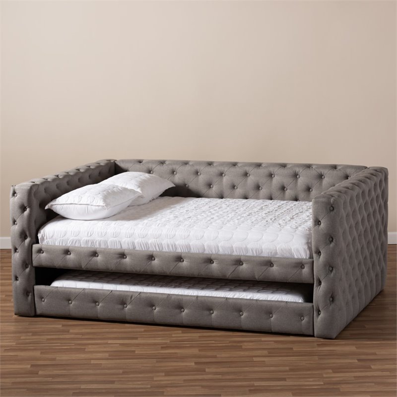 Baxton Studio Anabella Tufted Queen Daybed with Trundle in Grey