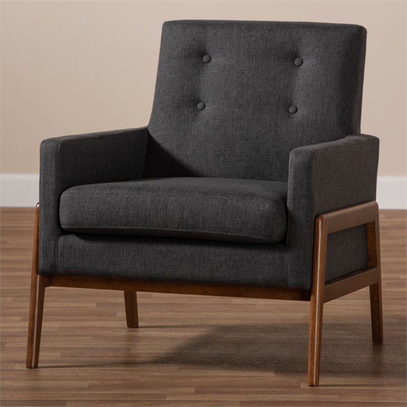 Baxton Studio Perris Upholstered Lounge Chair in Dark Grey and Walnut