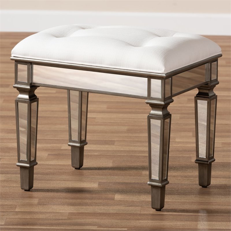 Baxton Studio Marielle Mirrored Vanity Bench in White