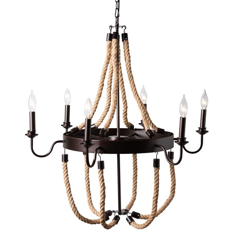 Baxton Studio Cassia Hemp and Dark Bronze Metal 6 Light Chandelier