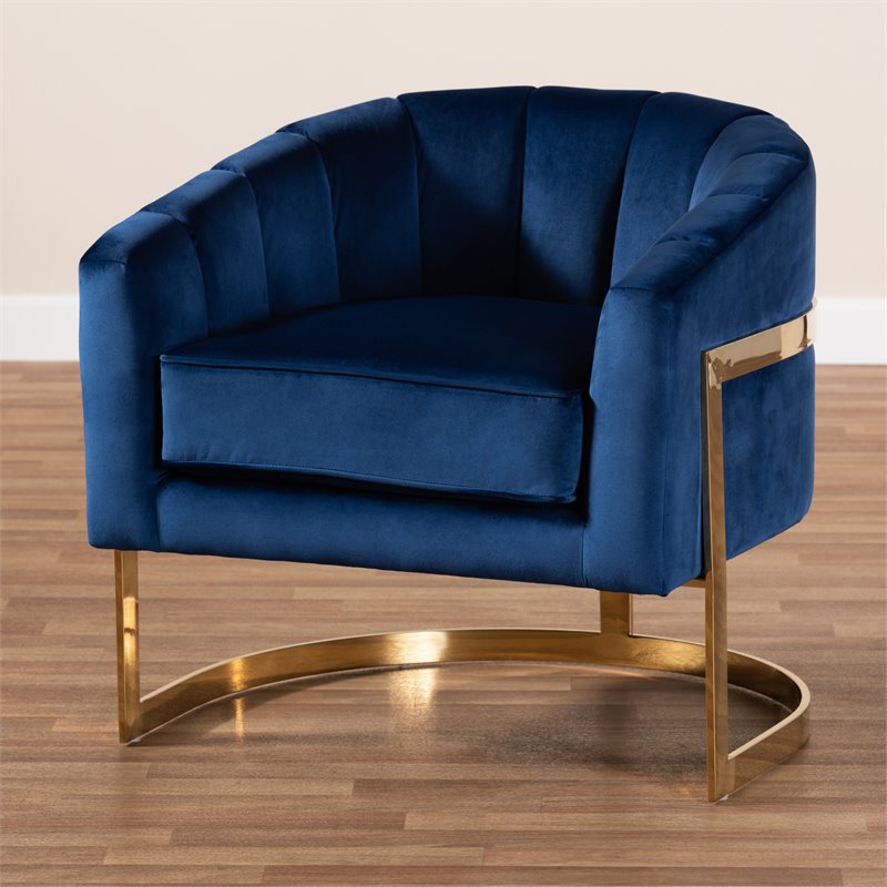 Baxton Studio Tomasso Velvet Upholstered Gold Metal Finish Accent Chair in Blue