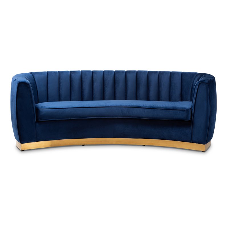Baxton Studio Milena Upholstered Velvet and Wood Sofa in Royal Blue and Gold
