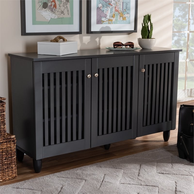 Baxton Studio Fernanda 3-Door Engineered Wood Entryway Shoe Cabinet in Dark Gray