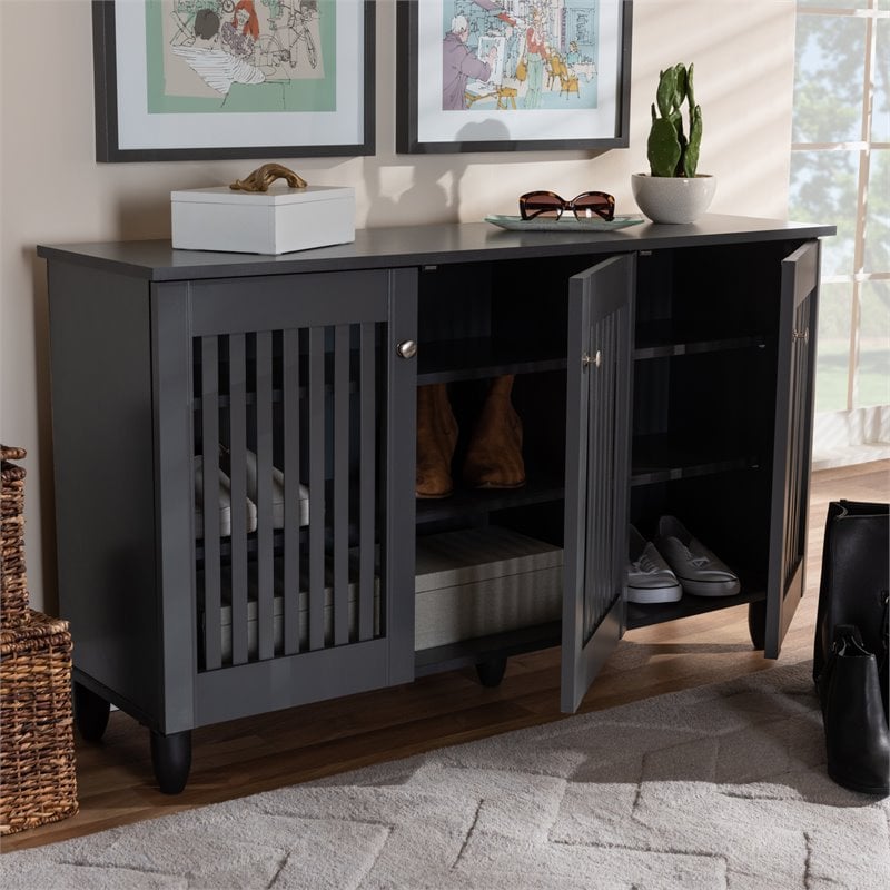Baxton Studio Fernanda 3-Door Engineered Wood Entryway Shoe Cabinet in Dark Gray