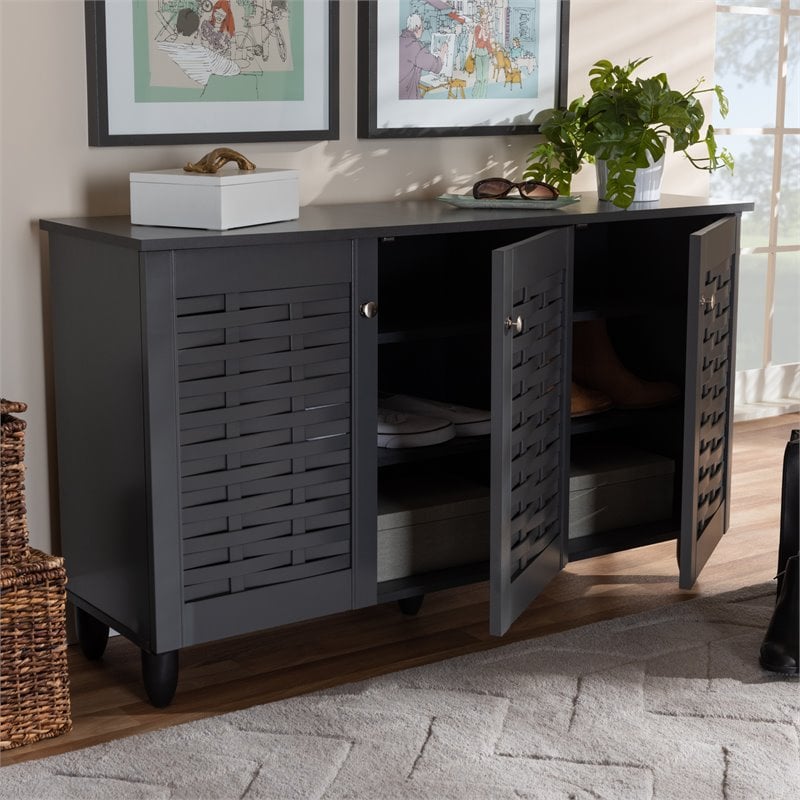 Baxton Studio Winda 3-Door Wood Entryway Shoe Cabinet in Dark Gray