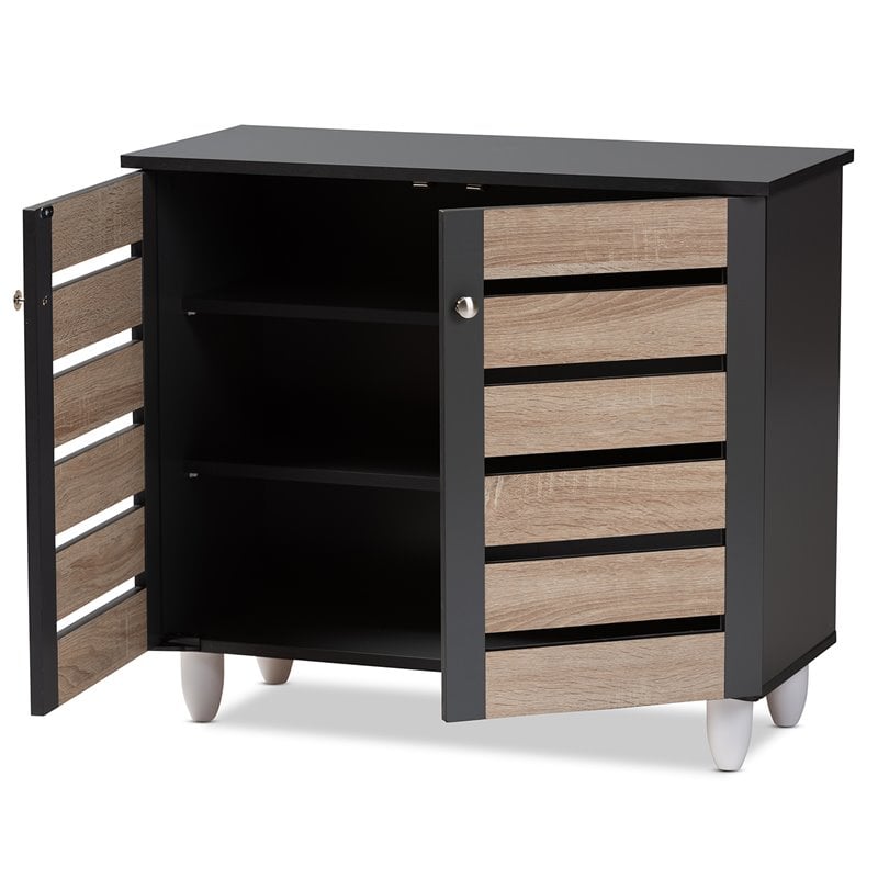 Baxton Studio Gisela Two-Tone Oak Wood 2-Door Shoe Cabinet in Dark Gray