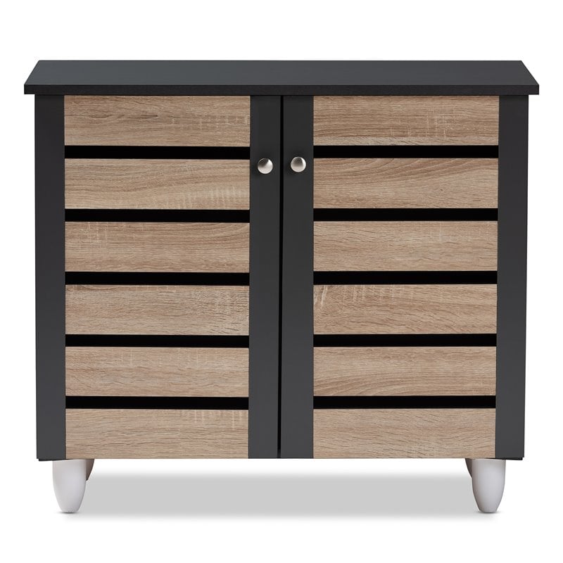 Baxton Studio Gisela Two-Tone Oak Wood 2-Door Shoe Cabinet in Dark Gray
