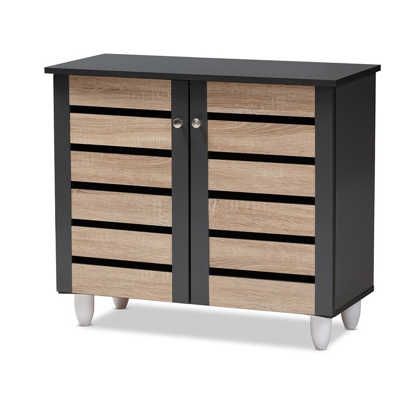 Baxton Studio Gisela Two-Tone Oak Wood 2-Door Shoe Cabinet in Dark Gray