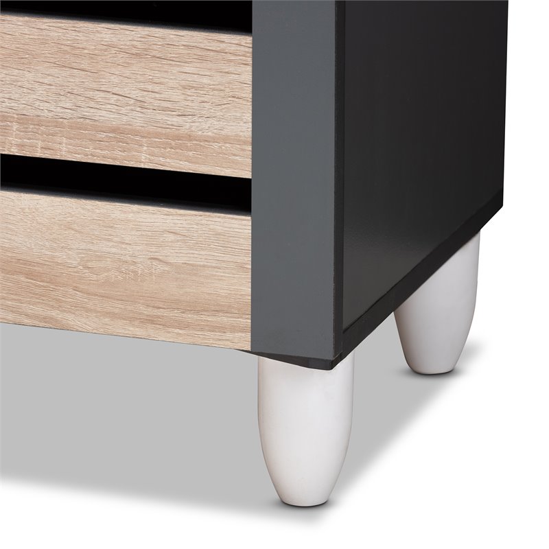 Baxton Studio Gisela Two-Tone Oak Wood 3-Door Shoe Cabinet in Dark Gray