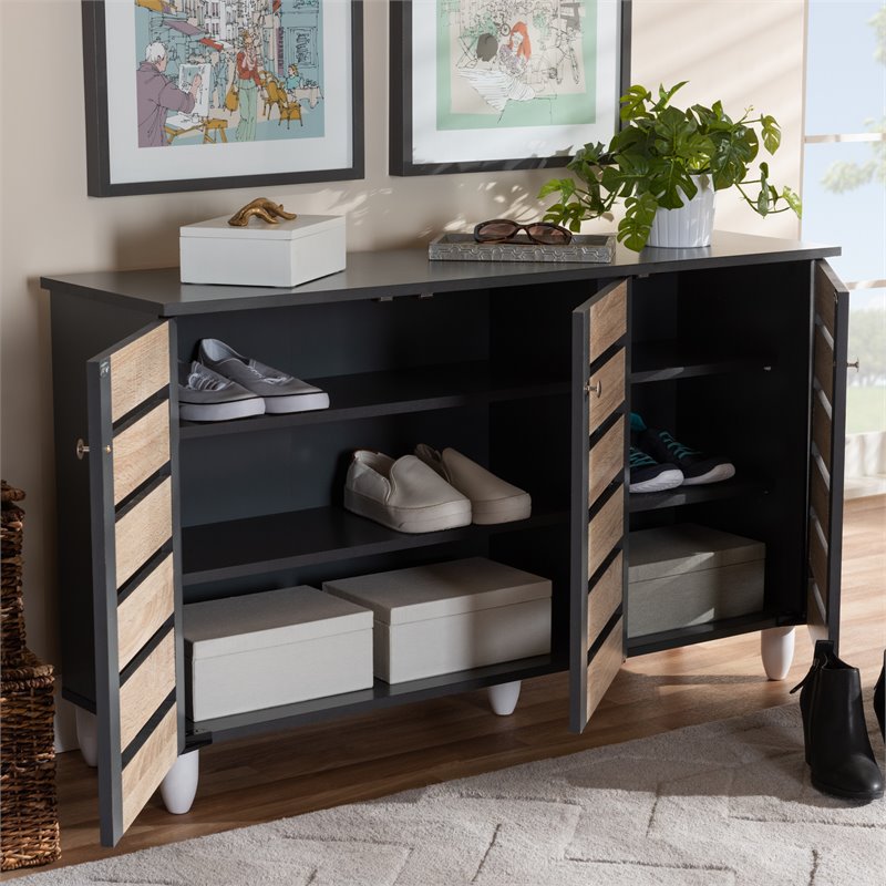 Baxton Studio Gisela Two-Tone Oak Wood 3-Door Shoe Cabinet in Dark Gray