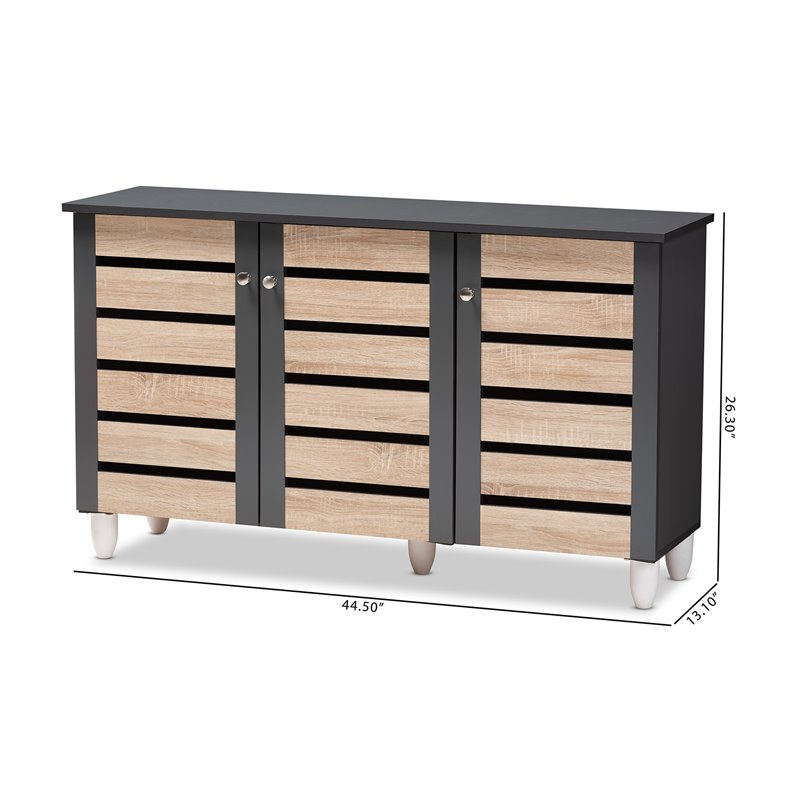 Baxton Studio Gisela Two-Tone Oak Wood 3-Door Shoe Cabinet in Dark Gray