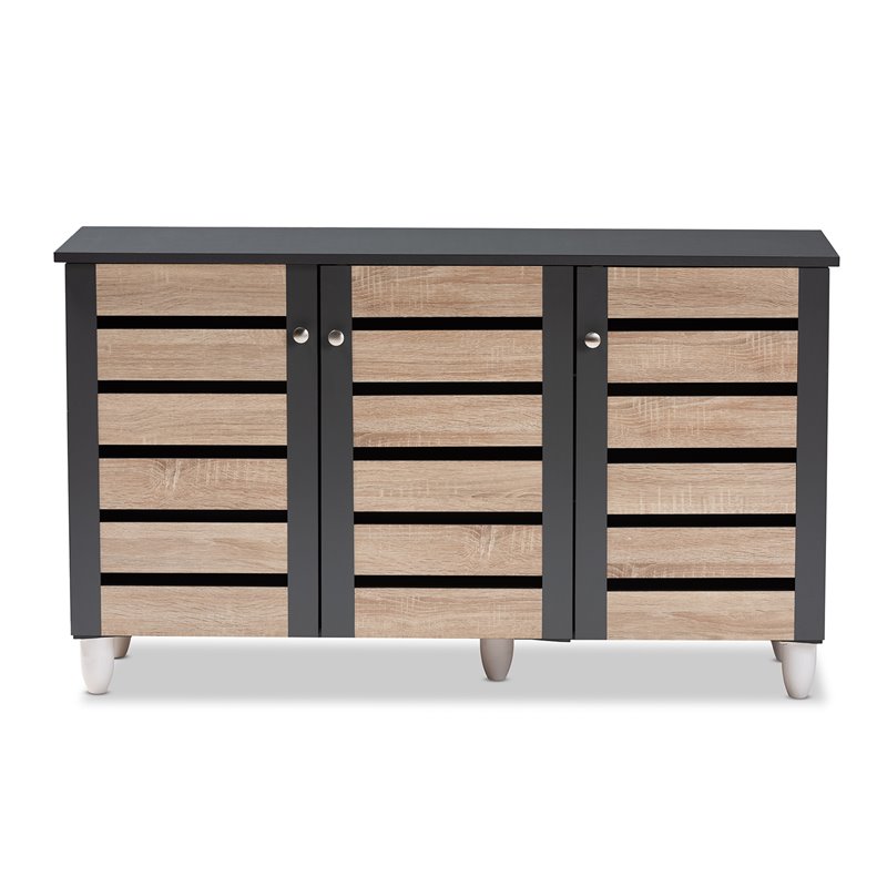 Baxton Studio Gisela Two-Tone Oak Wood 3-Door Shoe Cabinet in Dark Gray