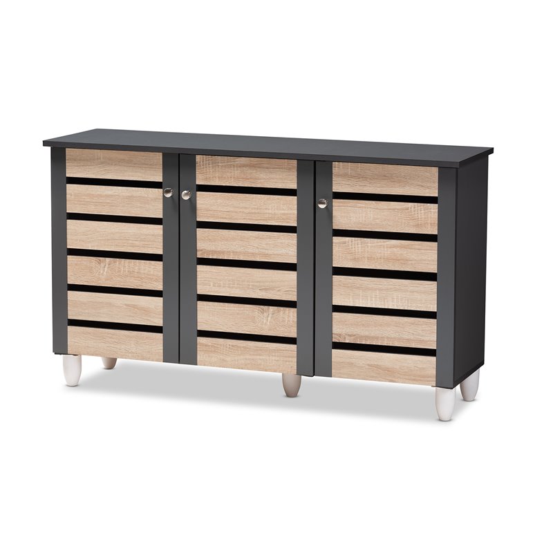 Baxton Studio Gisela Two-Tone Oak Wood 3-Door Shoe Cabinet in Dark Gray
