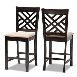 Baxton Studio Caron 25&quotH Upholstered Wood Bar Stool in Sand and Brown Set of 2