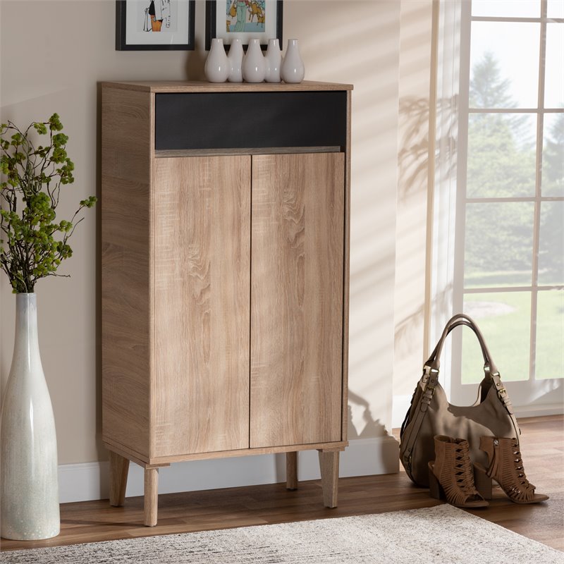 Baxton Studio Fella Two-Tone Oak Brown and Dark Gray Shoe Cabinet