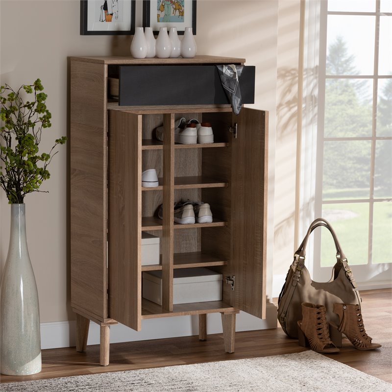 Baxton Studio Fella Two-Tone Oak Brown and Dark Gray Shoe Cabinet