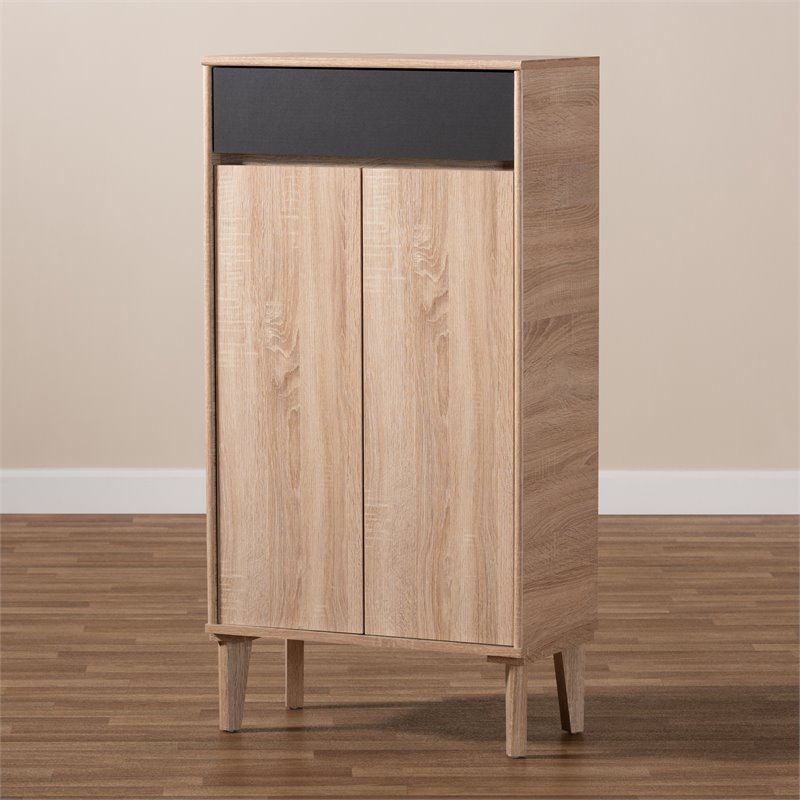 Baxton Studio Fella Two-Tone Oak Brown and Dark Gray Shoe Cabinet