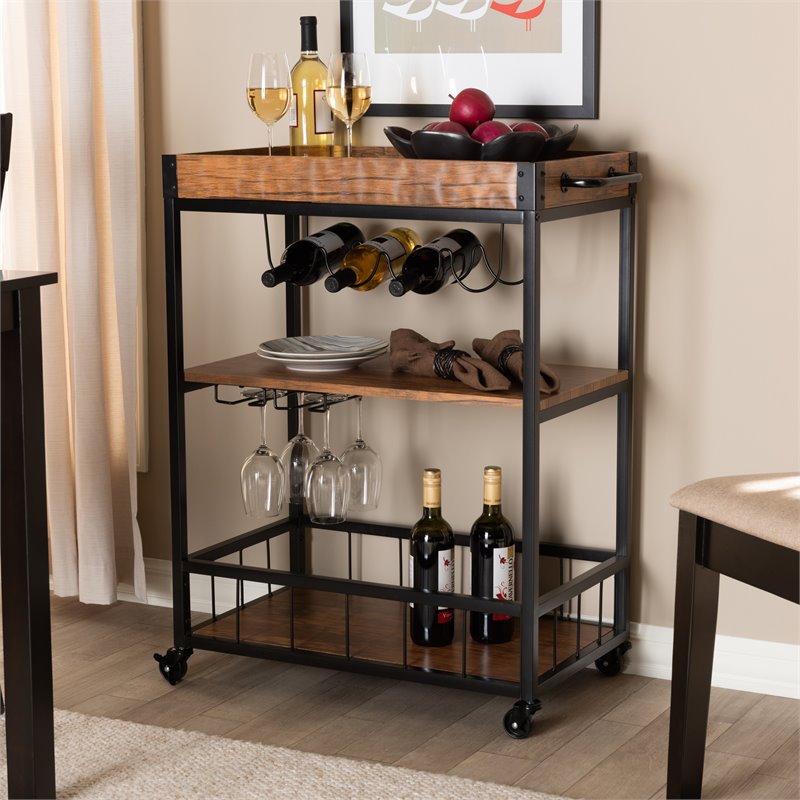 Baxton Studio Cerne Oak Mobile Metal Bar Cart in Brown and Black