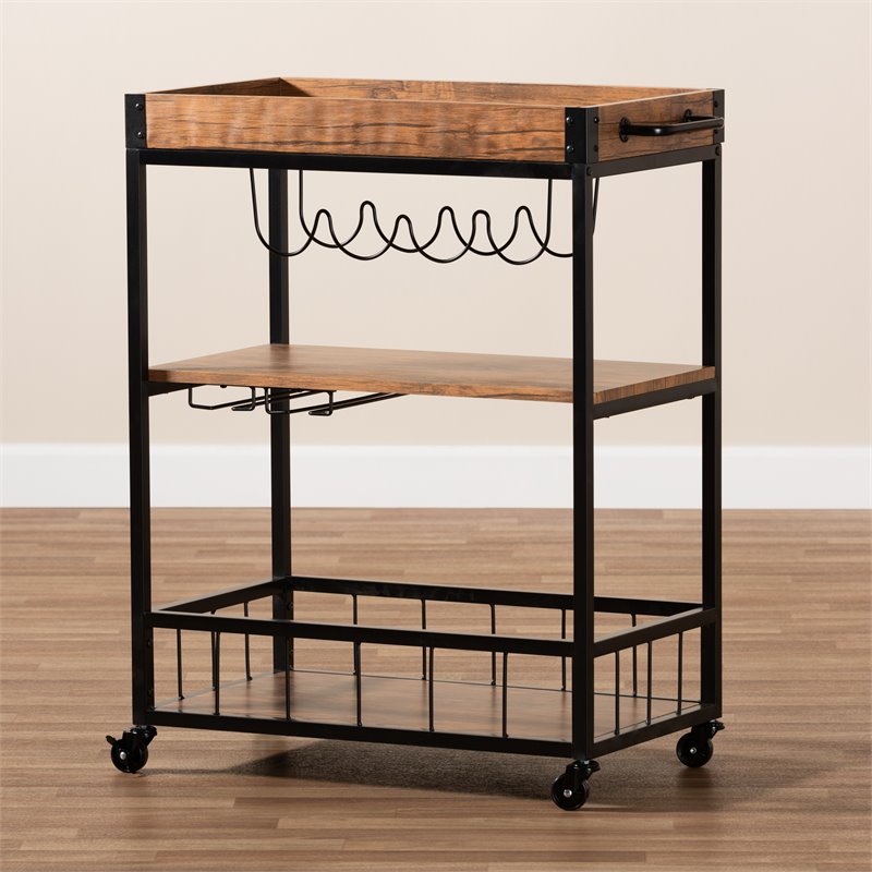 Baxton Studio Cerne Oak Mobile Metal Bar Cart in Brown and Black