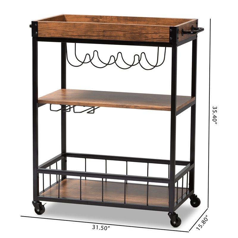Baxton Studio Cerne Oak Mobile Metal Bar Cart in Brown and Black