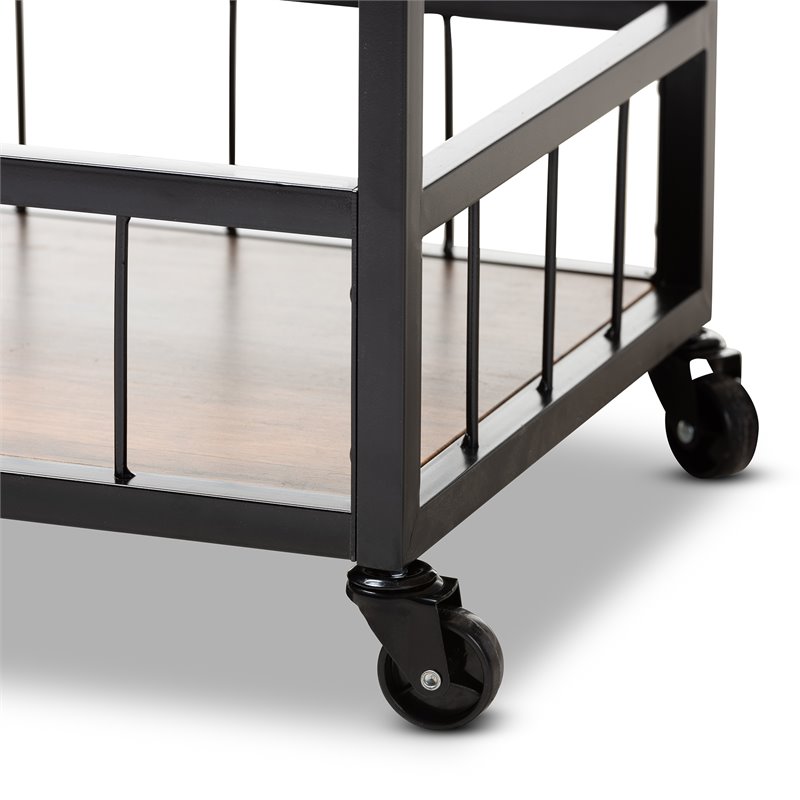Baxton Studio Cerne Oak Mobile Metal Bar Cart in Brown and Black