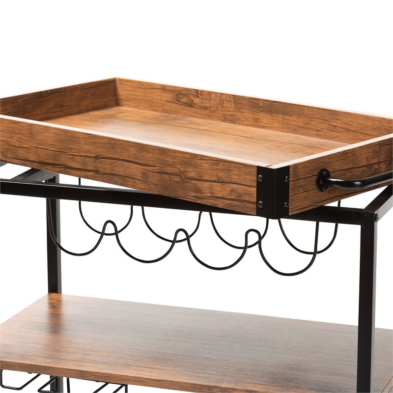 Baxton Studio Cerne Oak Mobile Metal Bar Cart in Brown and Black