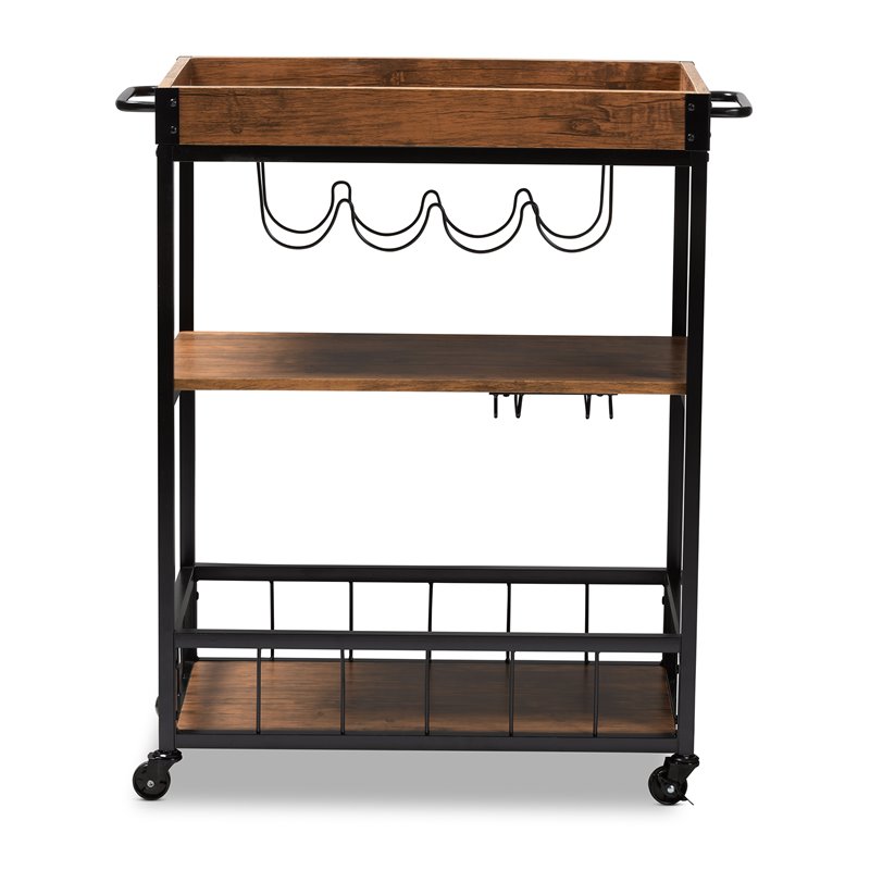 Baxton Studio Cerne Oak Mobile Metal Bar Cart in Brown and Black