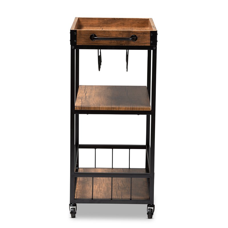 Baxton Studio Cerne Oak Mobile Metal Bar Cart in Brown and Black