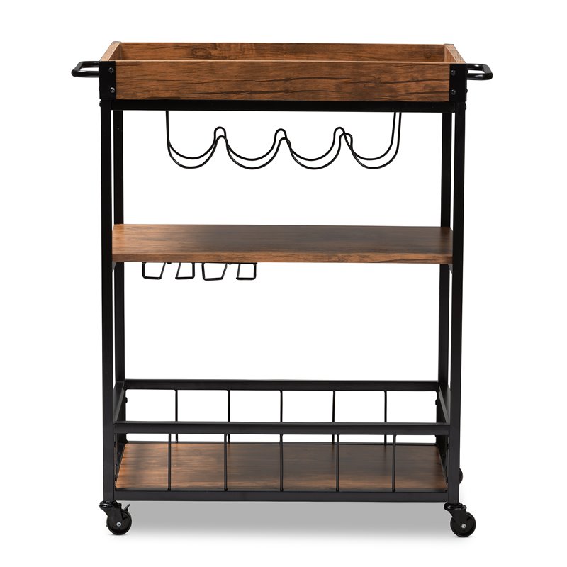 Baxton Studio Cerne Oak Mobile Metal Bar Cart in Brown and Black