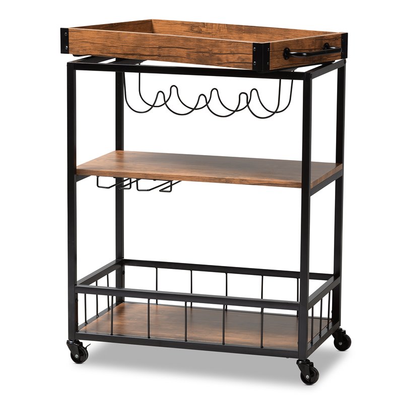 Baxton Studio Cerne Oak Mobile Metal Bar Cart in Brown and Black