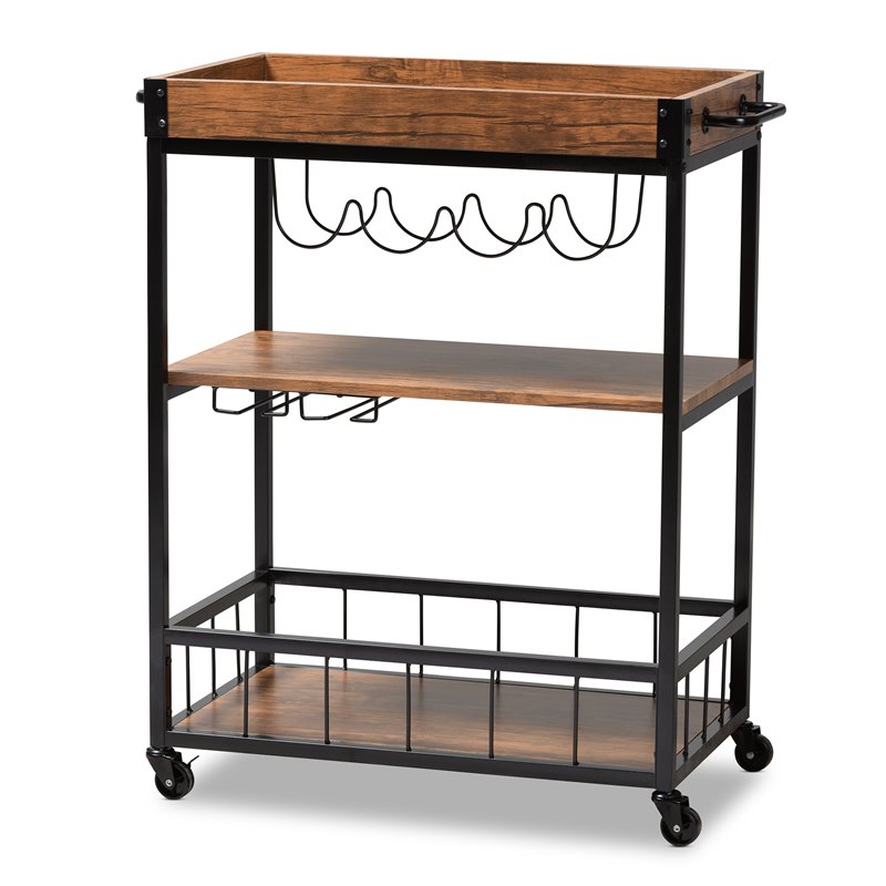 Baxton Studio Cerne Oak Mobile Metal Bar Cart in Brown and Black