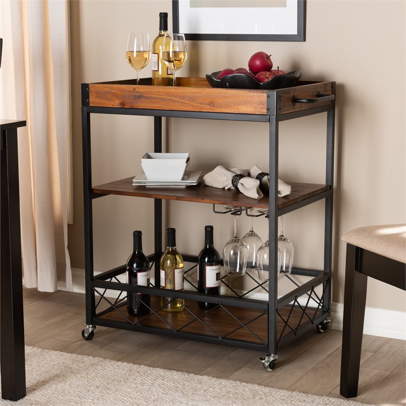 Baxton Studio Capri Oak Brown and Black Finished Mobile Metal Bar Cart