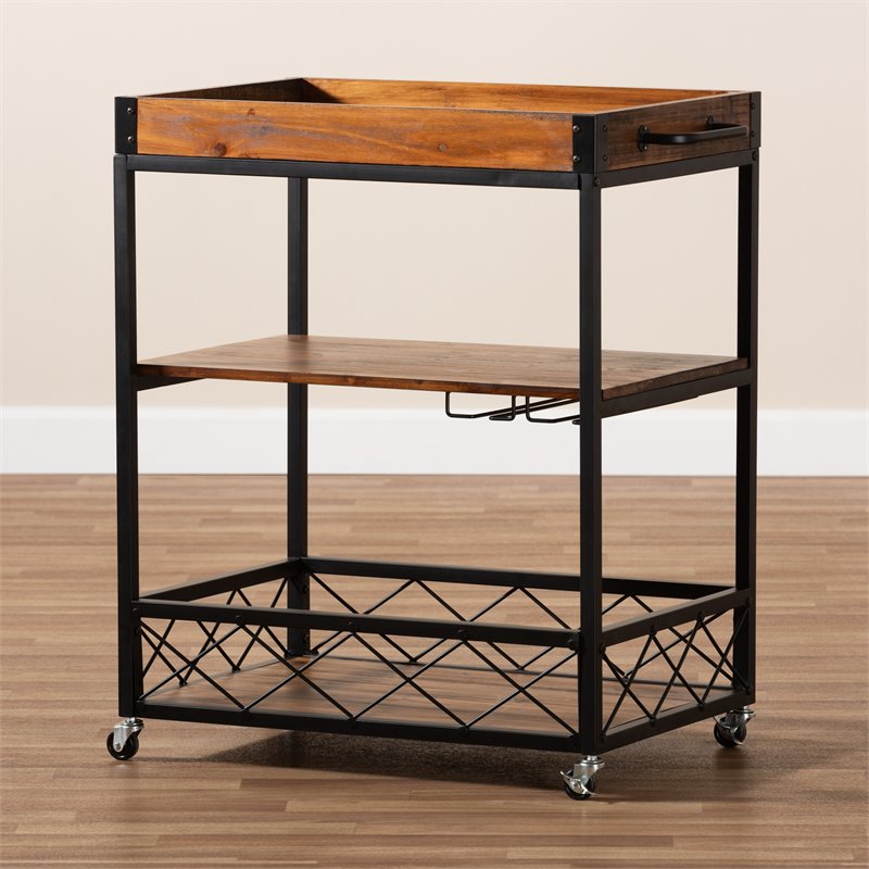 Baxton Studio Capri Oak Brown and Black Finished Mobile Metal Bar Cart