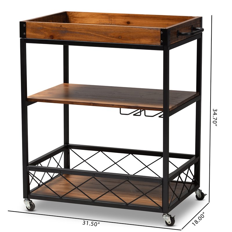 Baxton Studio Capri Oak Brown and Black Finished Mobile Metal Bar Cart