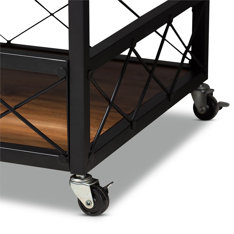 Baxton Studio Capri Oak Brown and Black Finished Mobile Metal Bar Cart