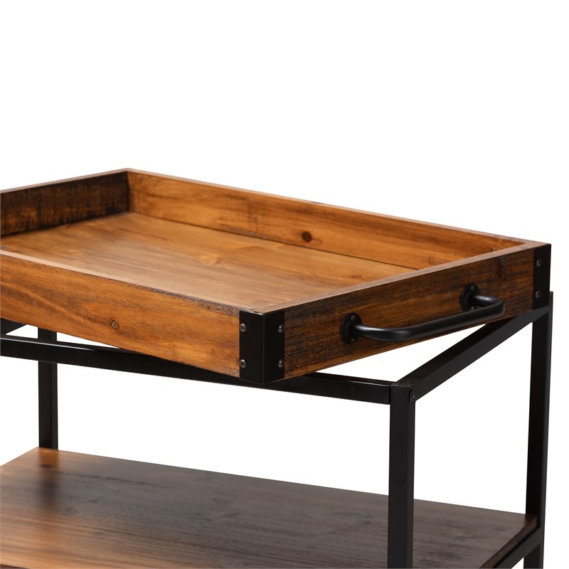 Baxton Studio Capri Oak Brown and Black Finished Mobile Metal Bar Cart