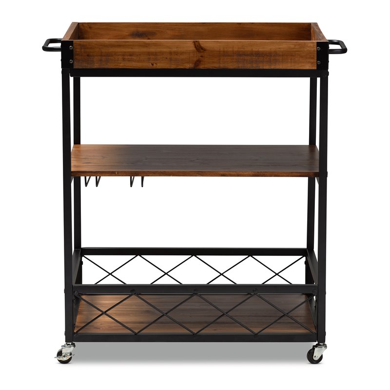 Baxton Studio Capri Oak Brown and Black Finished Mobile Metal Bar Cart